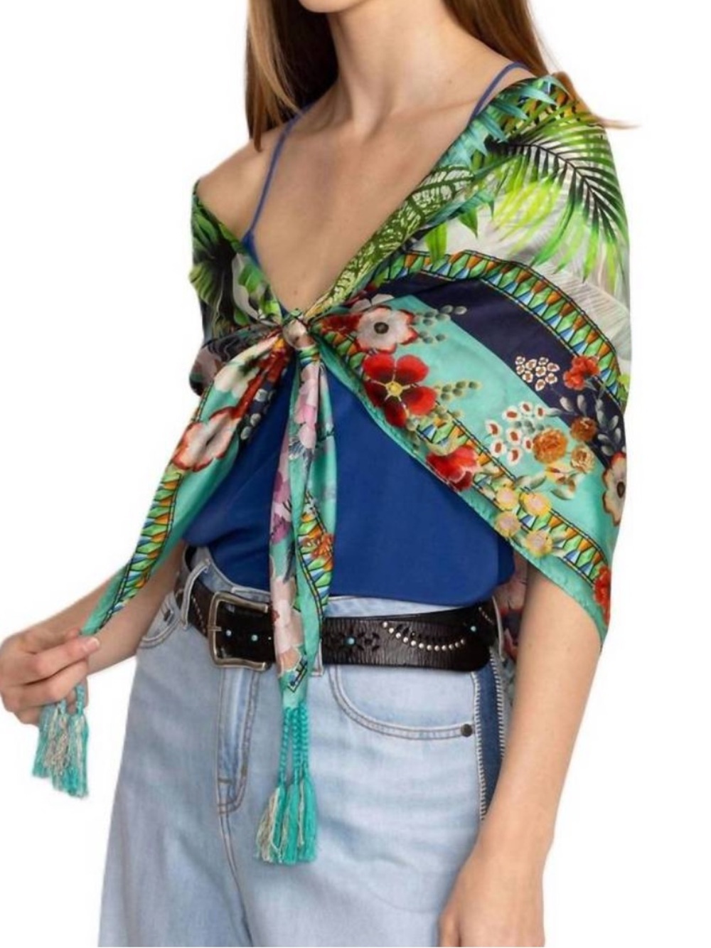 JOHNNY WAS Cozumel Scarf Flowers Silk Square Floral Green Multicolor Tassel 44”